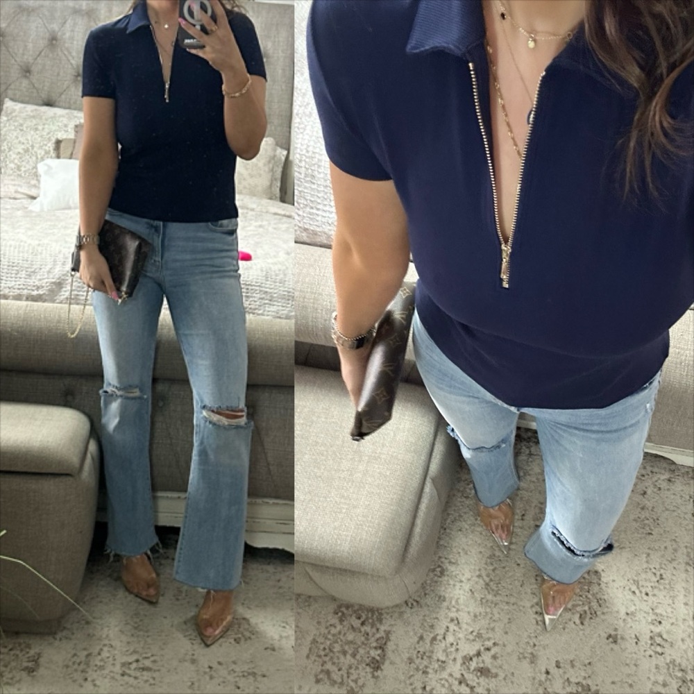 New💙 Chic Navy Zip-Up Collared Top